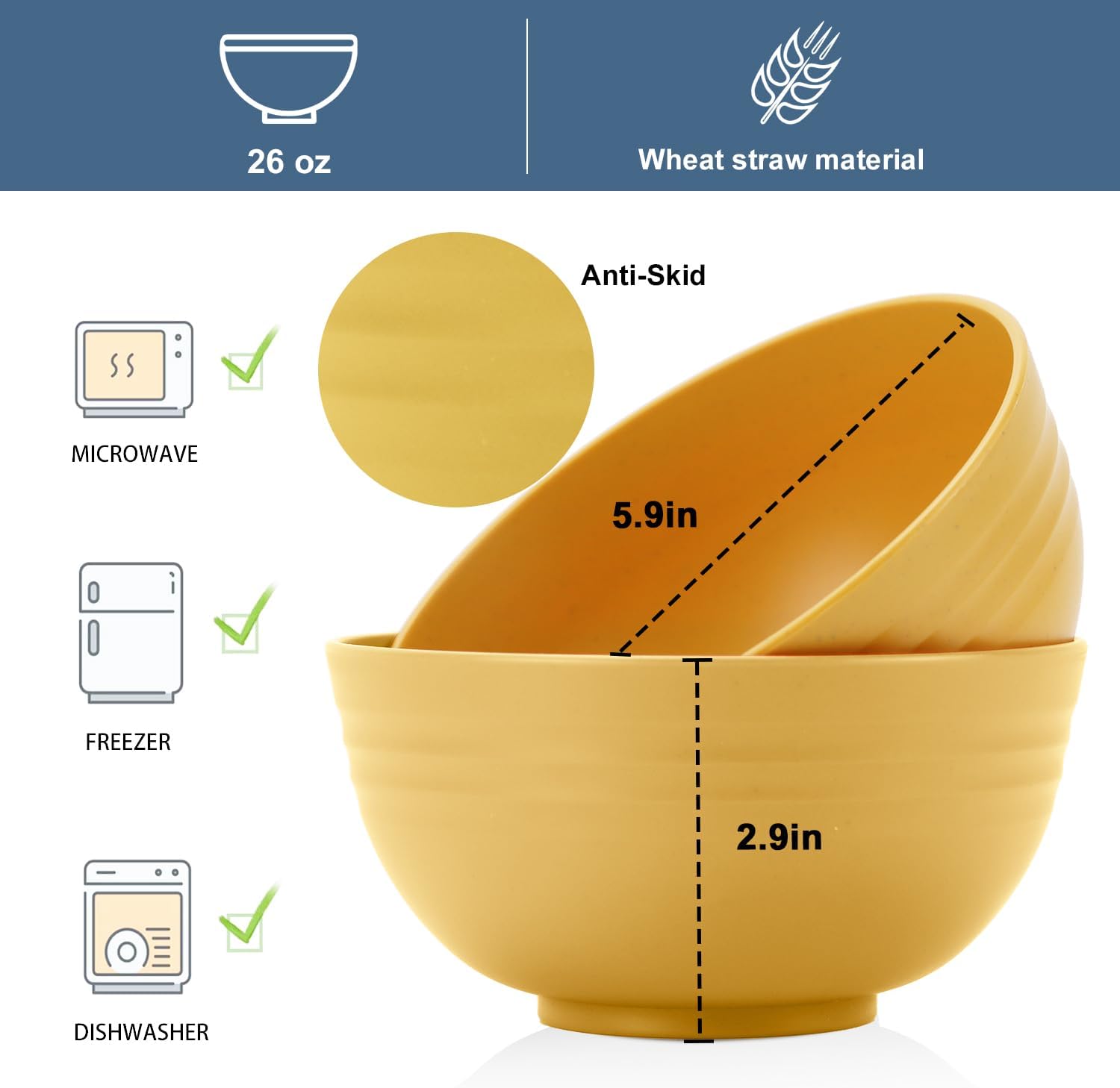 Wheat Straw Bowl Set of 8, Unbreakable Cereal Bowls 26 OZ,Freezer and Dishwasher Safe Bowl Sets,Breakfast Bowls suitable for cereal,salad,snack and soup (Yellow) image 2