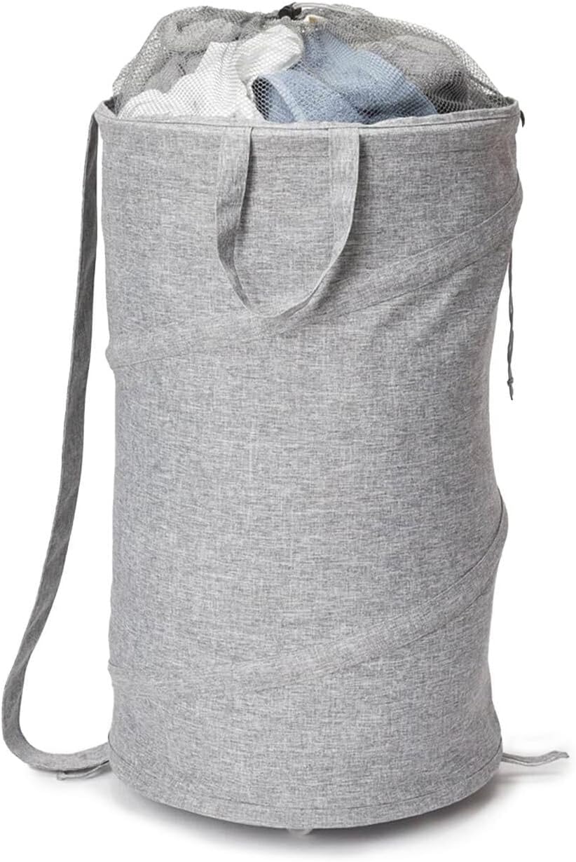 Pop Up Laundry Hamper Backpack Extra Large Round with Wheels, Shoulder Strap for