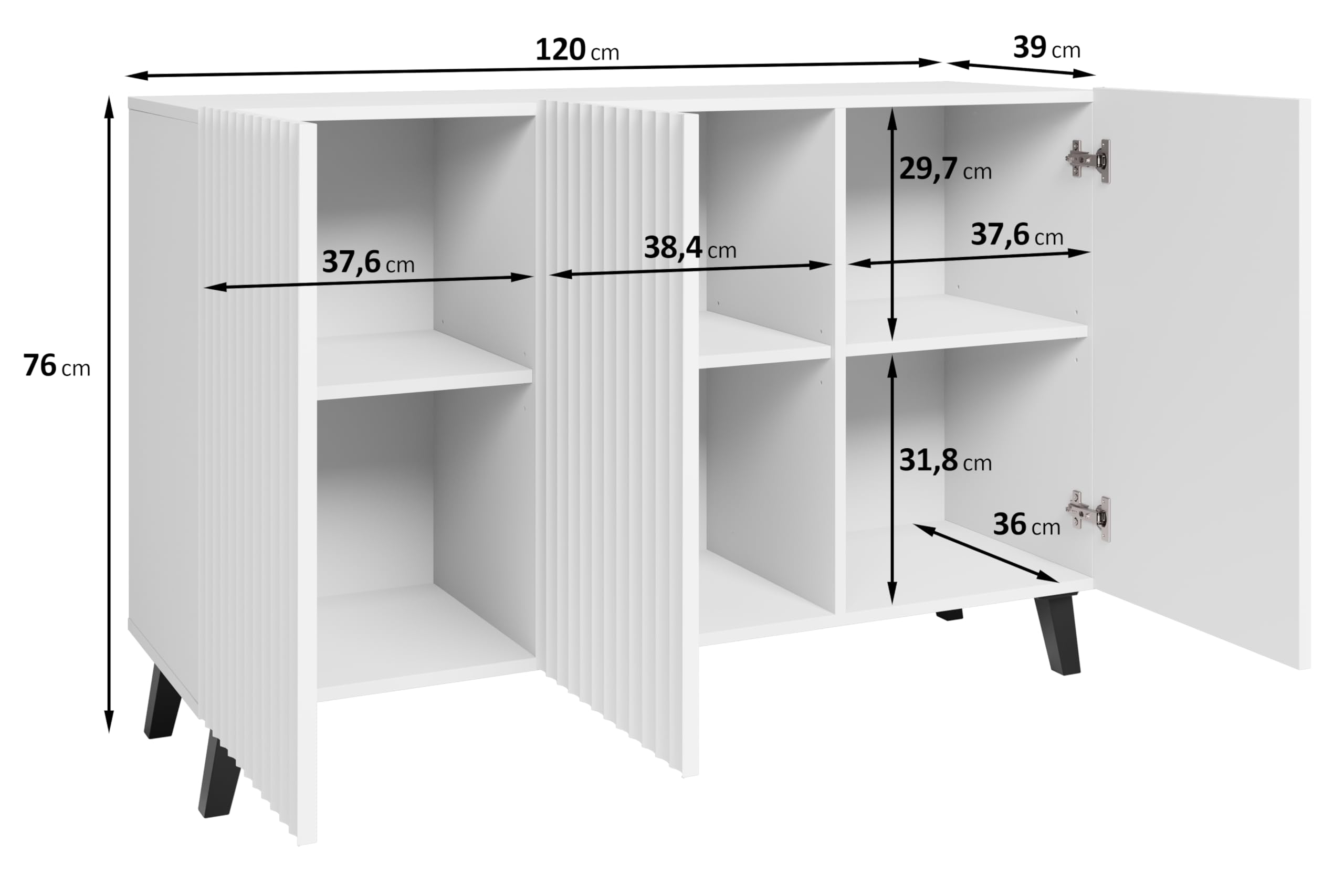Phuket Sideboard 120 cm, Sideboard mit 3 Türen, Kommode mit Beinen, Wohnzimmermöbel, gewellte Fronten, weiß gewellt