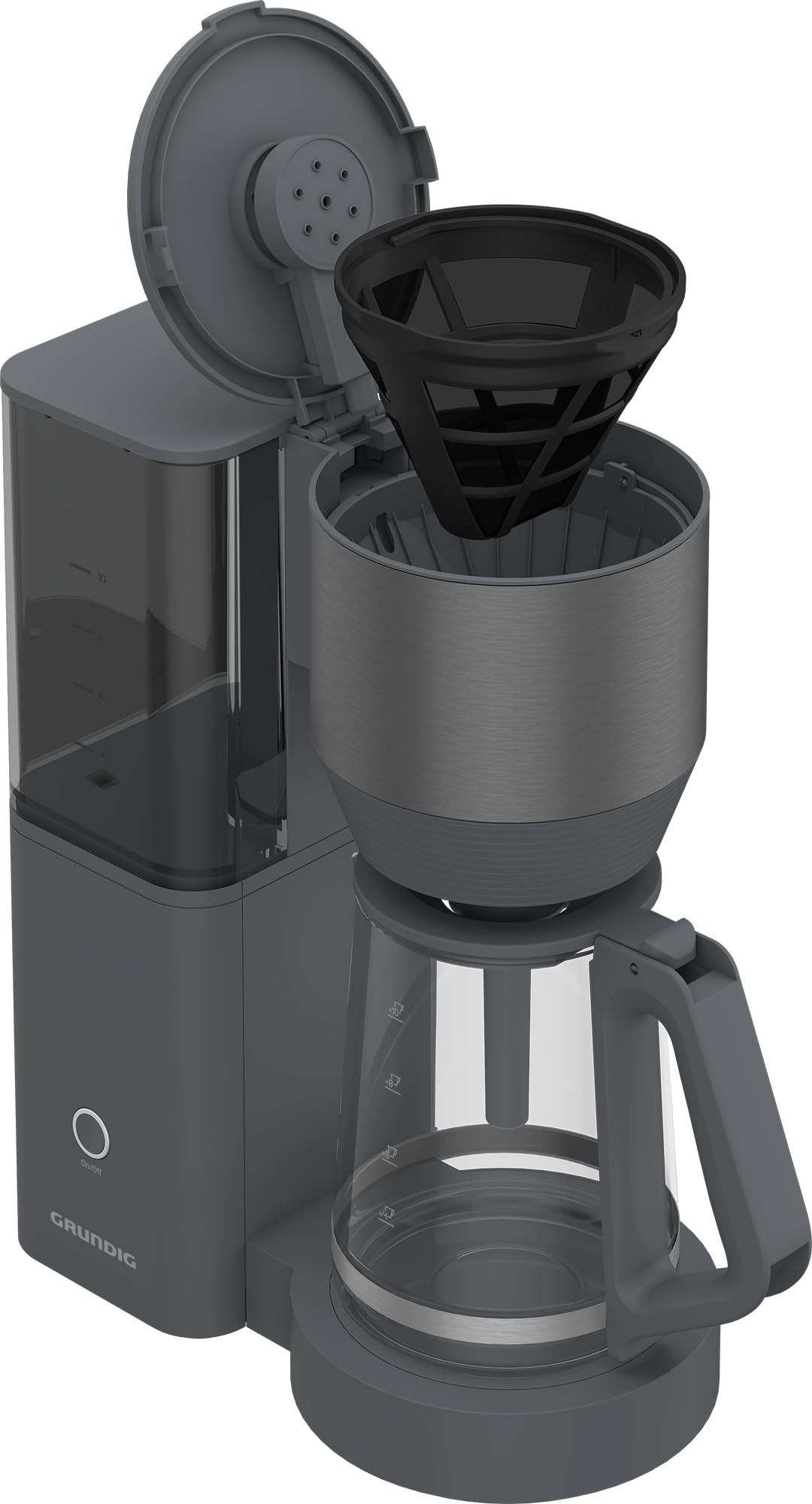 GRUNDIG KM 7340 - Macchina da caffè con filtro, potenza 1150 W, funzione antigoccia, funzione aroma, spegnimento automatico, filtro permanente, 1,25 litri, caraffa in vetro da 10 tazze, Dark Inox