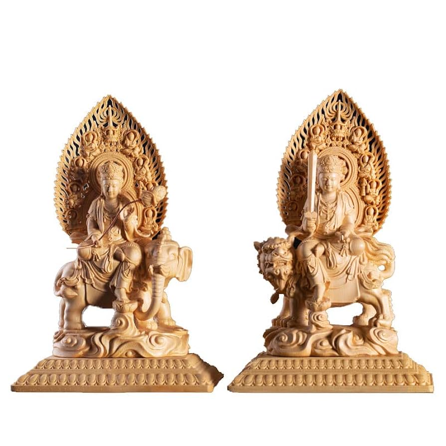 仏像 木彫り【文殊菩薩・普賢菩薩】 置物 桧木製高級木彫り (高さ約22.5