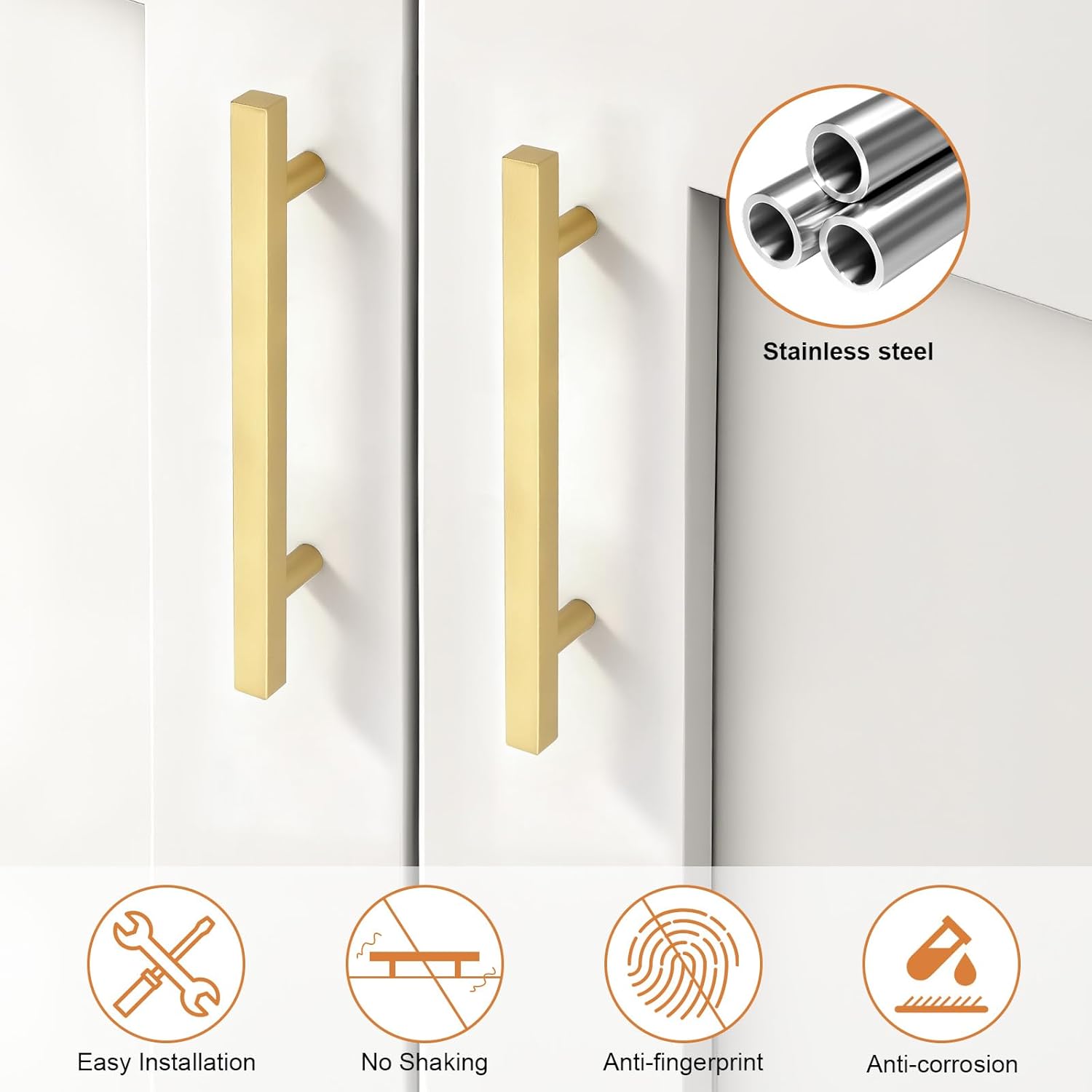 Probrico 20Pack Hole Centers 5 Inch Modern Brushed Brass Cabinet Handles Square T Bar Kitchen Cabinet Pulls Stainless Steel Polished Gold Dreser Drawer Pulls Total Length 7.5Inch