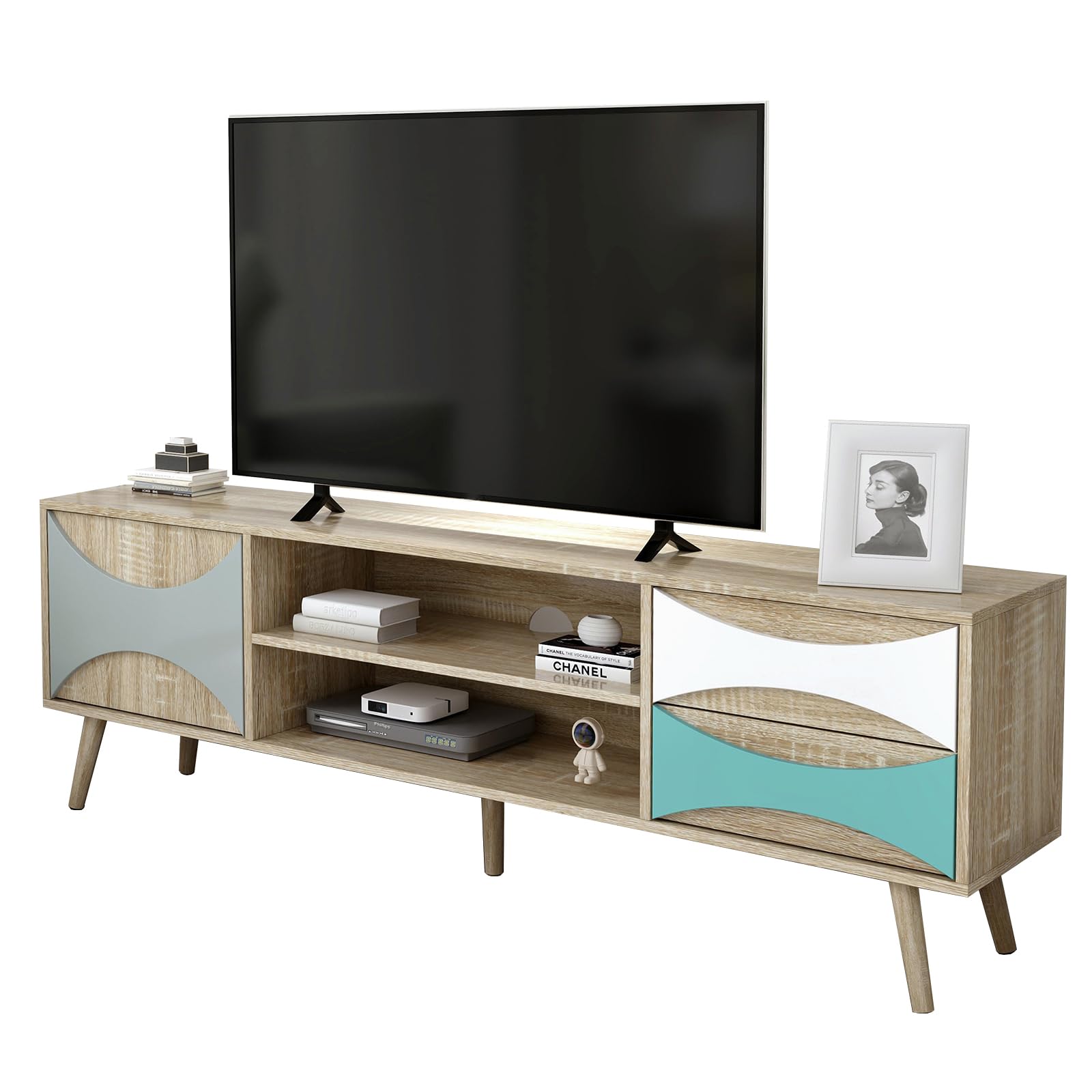WYtek TV Console Table Modern TV Stand for 55/65 Inch TV, Entertainment Center with Storage Cabinet and Shelves, TV Media Cabinet for Living Room, Bedroom and Office, Brown Oak