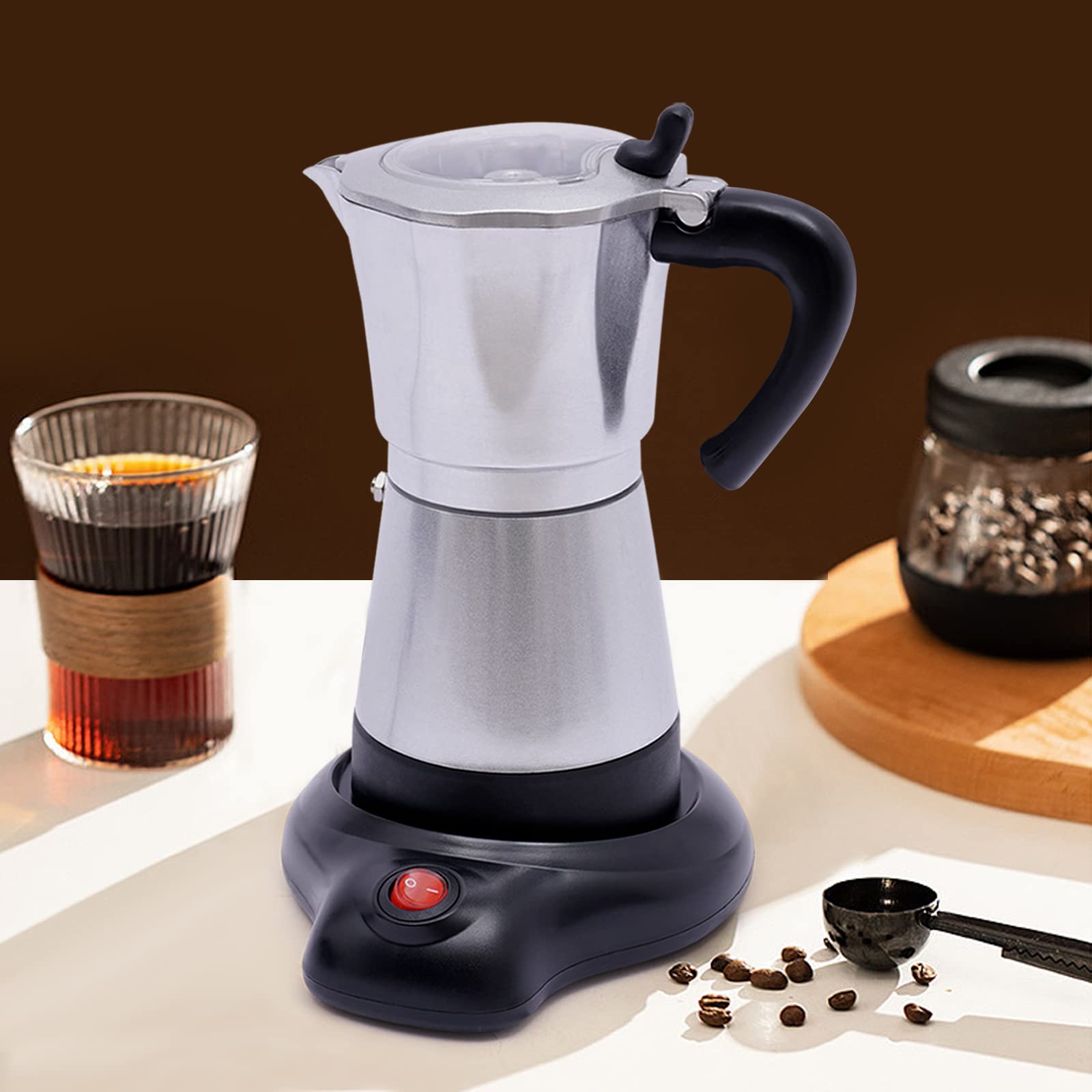 Cafetera eléctrica de 480 W, cafetera italiana con 2,5 bares de presión, cafetera de 300 ml para espresso, cafetera de camping con válvula de seguridad para estufa y camping, color plateado
