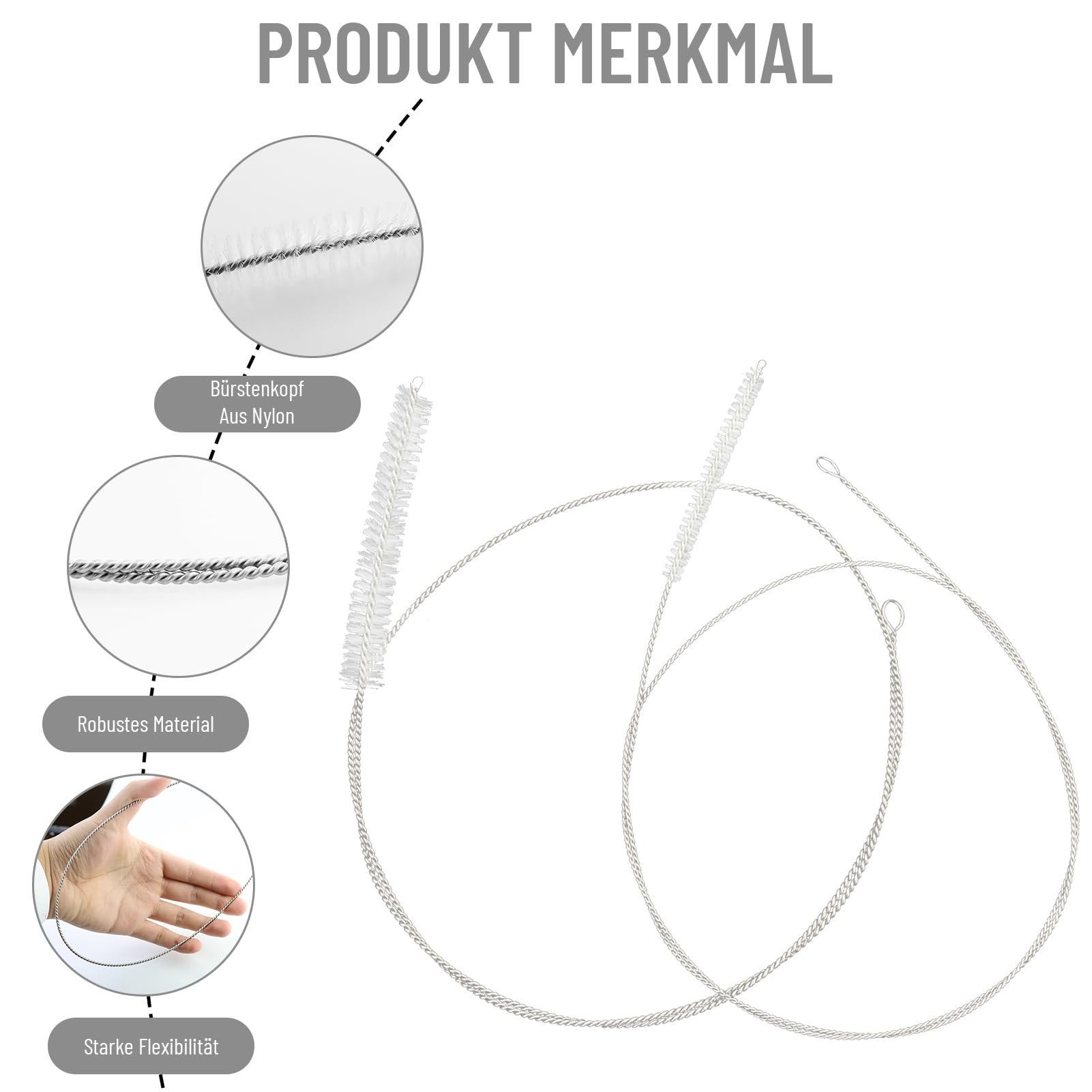 2 cepillos de Manguera 100 cm, Limpiador de Tubos, Cepillo Flexible para Tubos, Blanco, con 2 cepillos de pajitas de 24 cm, Cepillo Largo de Nailon para Tubo, para pajitas, mangueras, teteras