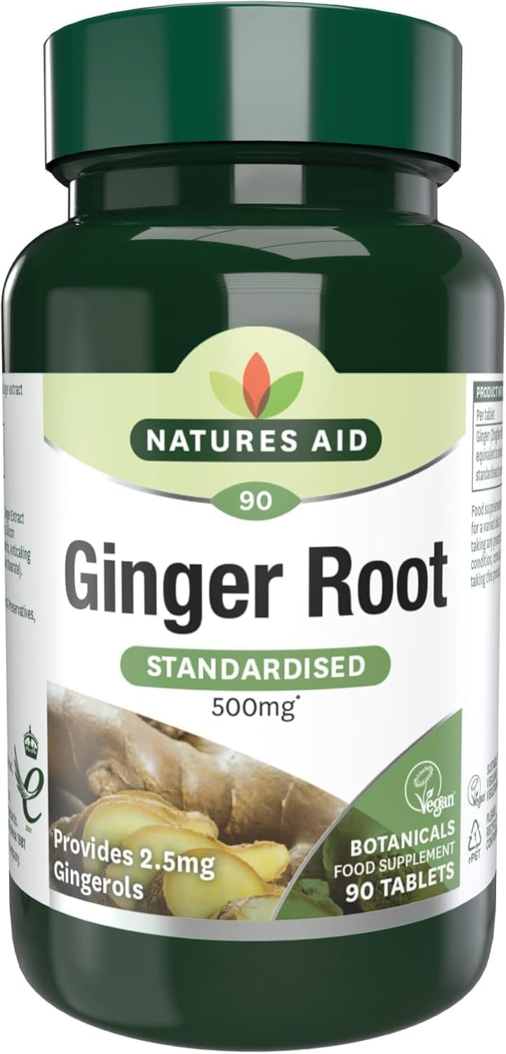 Natures Aid Ginger Root 500mg - Supports Digestion, Sickness, Nausea, Joint and Wellbeing - Botanical Supplement, Provides Gingerols and Shogaols - Vegan, Non-GMO, Gluten-Free - 90 Tablets