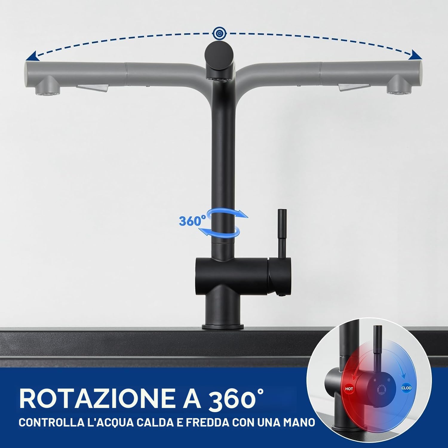 CECIPA Rubinetto Cucina Nero con 2 Getto, Miscelatore Cucina con Doccetta Estraibile, Rubinetto Lavello Cucina Nero Girevole a 360°, Miscelatore Lavello in Acciaio lnox (Nero)