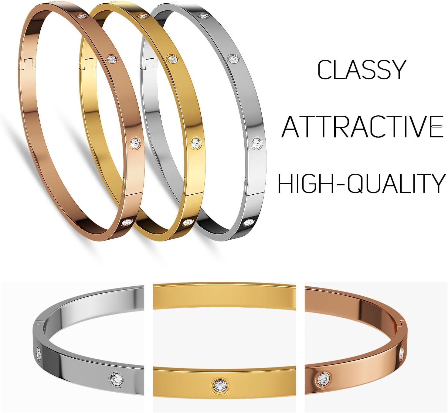 AICase 18 K Gold Plated Love Bangle Bracelet Dupes Sets(Gold/Rose Gold/Silver) Stack Wide Wristband Bangle Nail Friendship Bracelet Birthday Lovely Trendy Jewelry Gifts for Women MoM Besties - Image 7