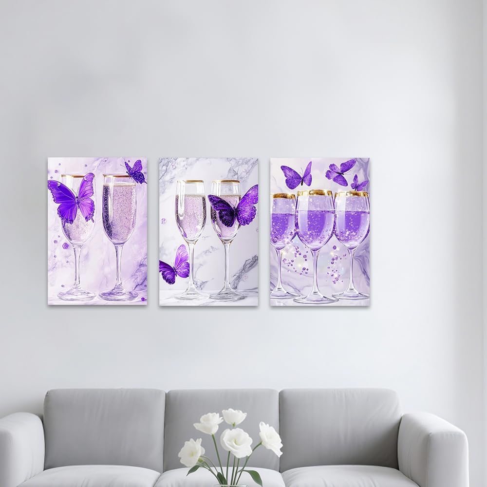 QIXIANG Kitchen Pictures Wall Art 3 Pieces Wine Glass Canvas Art Butterfly Paintings Purple Cocktail Poster Bar Dining Room Decor Framed(11x14inchx3Pcs)