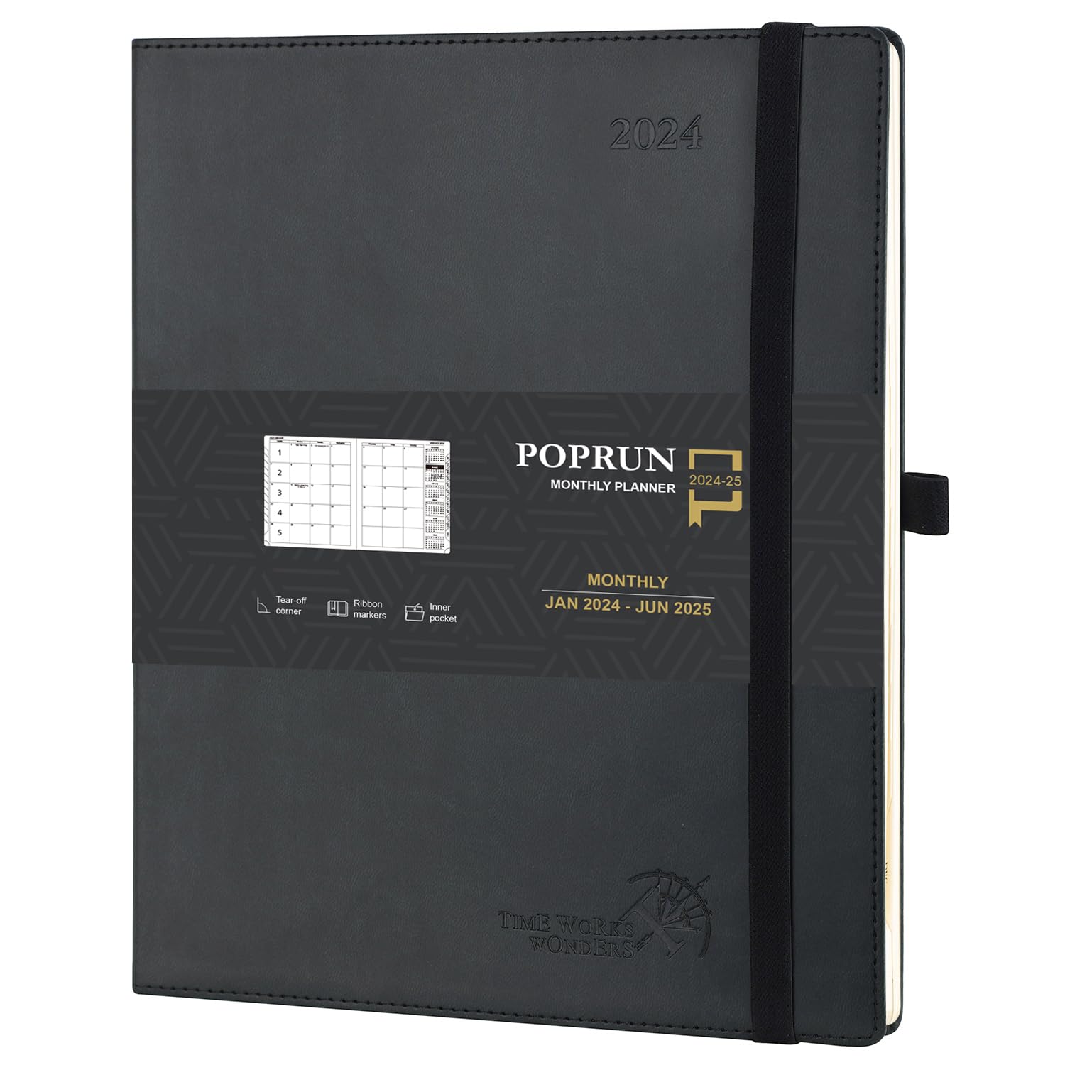POPRUN Agenda 2024 2025 Mensual 26,5 x 21,5 cm, Planificador 2024 2025 18 Meses de Ene.2024 - Jun.2025, Tapa Blanda, Cuero Vegano y Papel FSC®, Negro (Versión Inglesa)
