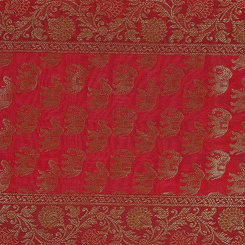 Image of Traditional Brocade Silk Table Runner for Living Room 4 to 6 Seater Dining Table Runner Elephant End Tassels 14x80 Inches (Red)