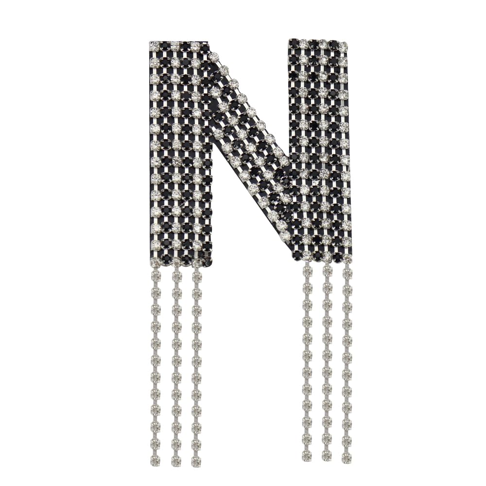 Rhinestone Sew On Patch A-Z Crystal Bead Rhinestone Letter Patch Fringe Alphabet Applique English Letter for DIY Craft Supplies 2pieces (Black N 2pieces)
