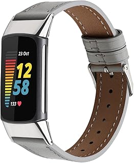 AISPORTS Compatible with Fitbit Charge 5 Band Leather for Women Men, Soft Breathable Leather Sport Wristband Metal Classic Buckle Clasp Bracelet Replacement Band for Fitbit Charge 5 Activity Tracker