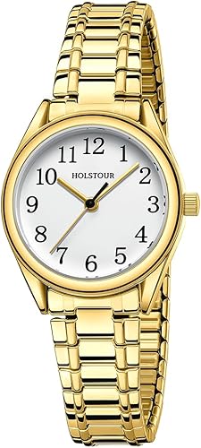 Pequeños relojes dorados para mujer, correa de acero inoxidable expandible dorada, esfera de fácil lectura, resistente al agua. blanco-dorado,dorado