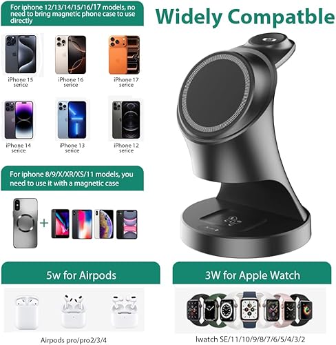 Miniatura 4 de Cargador inalámbrico, soporte de cargador inalámbrico magnético 3 en 1, base de carga inalámbrica rápida para iPhone 171615141312, Apple Watch