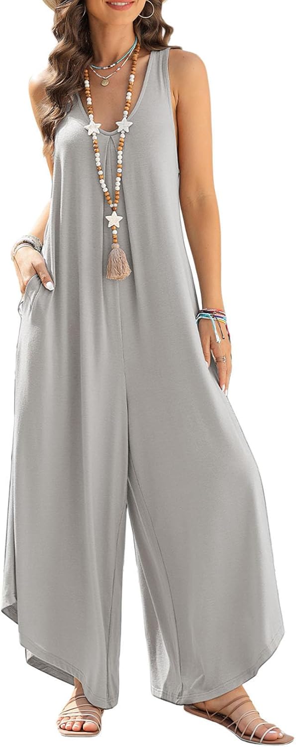 Happy Sailed Women's Jumpsuits Loose Overalls Summer Sleeveless Ruched V Neck Flared Wide Leg Pants Rompers with Pockets