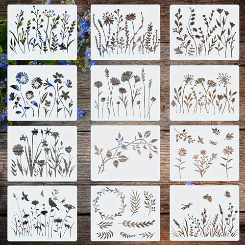 Wemoralix 12 Pcs Reusable Flower Stencils Nature Floral Drawing Templates for DIY Fabric & Wood Art