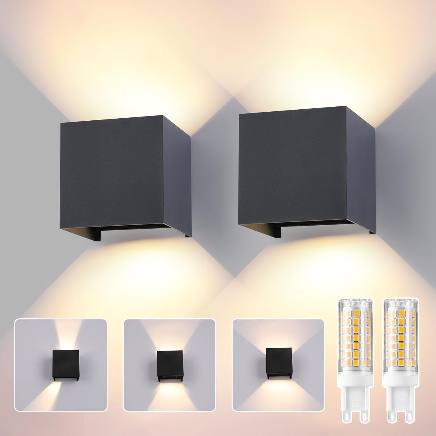 G9 LED Wandleuchte Innen/Aussen 2 Stücke Wandlampe Mit Auf und Abwärtsbeleuchtung Einstellbarem Lichtwinkel, Warmweiß 3000K 9W außenlampe Wand IP65 Lampe Außenwandleuchte Anthrazit
