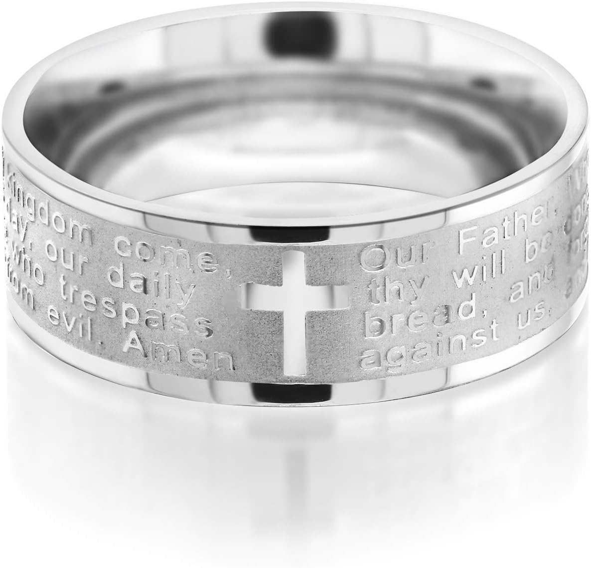 Gem Stone King 8MM Men's Stainless Steel Bible Christian Lord's Prayer Cross Wedding Band Engraved Ring | Available In Size 6, 7, 8, 9, 10, 11, 12