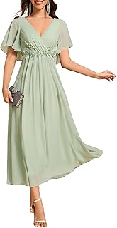 Women's Short Sleeve V Neck Chiffon Applique A-Line Elastic High Waist Maxi Cocktail Wedding Guest Dress 2093