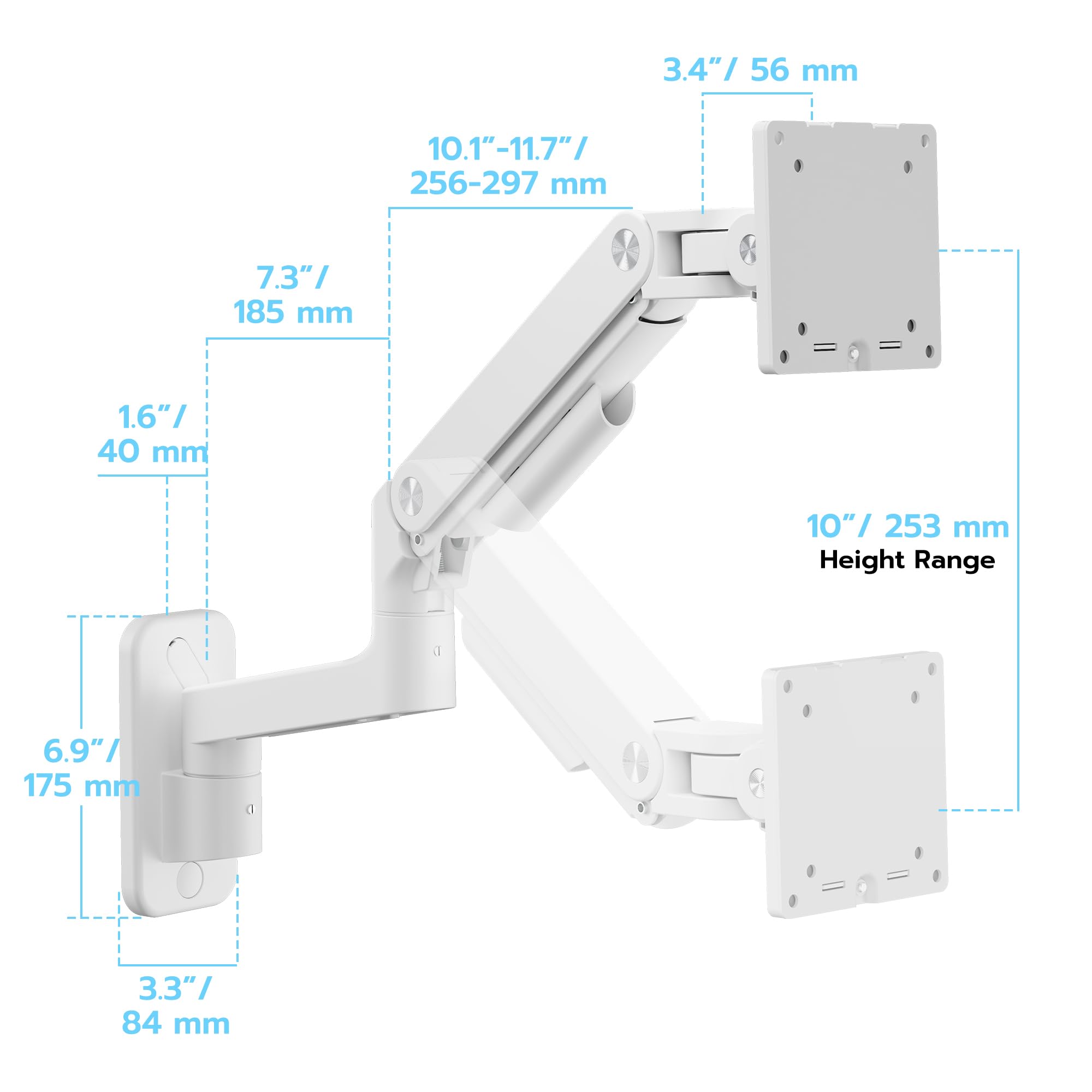ARES WING Supporto da parete per monitor Ultra Wide 17-49",Bianco | 20 kg/braccio, molla a gas PC, monitor Hatlert, parete completamente regolabile, per ufficio e giochi, VESA 75/100