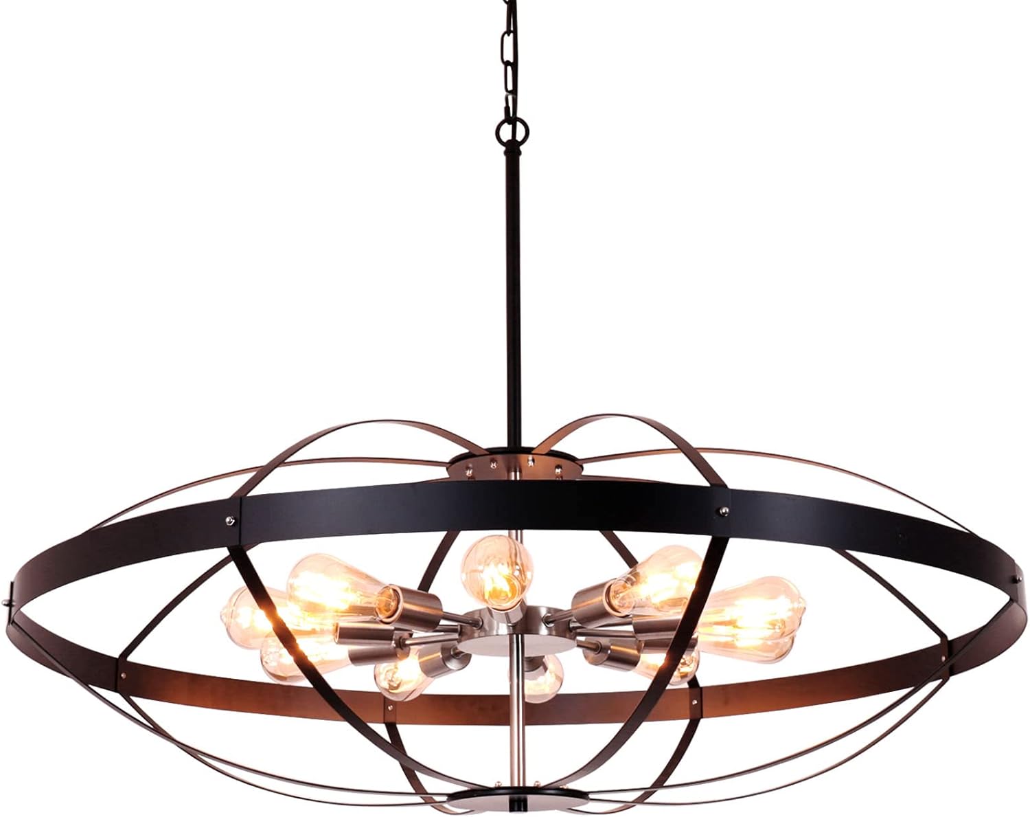 Farmhouse Chandelier, 40 Inch Extra Large Ceiling Light for High Ceiling, Nickel & Black Finish Adjustable Height UFO Design, Unique for Grand Foyers 2-Story Entryways & Staircases