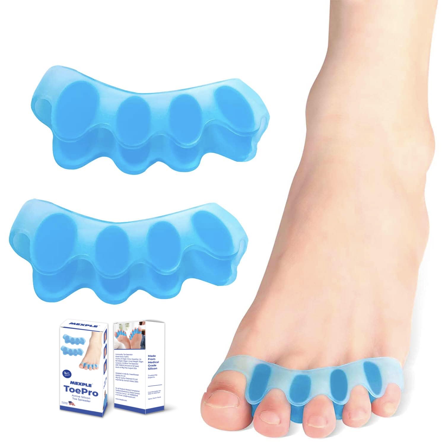 MEXPLE Toepro Bunion Corrector Toe Separators For Feet | 5 Holes Silicon High Elastic Toe Straightener | Hammer Hallux Valgus Corrector Pain Relief | Achilles Stretcher - Blue (One Size)
