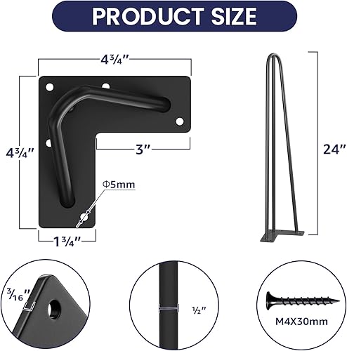 Miniatura 3 de SMARTSTANDARD 3 cañas sólidas de metal para mesa con gomas protectoras del suelo, uso industrial, para el hogar y bricolaje, 4 piezas