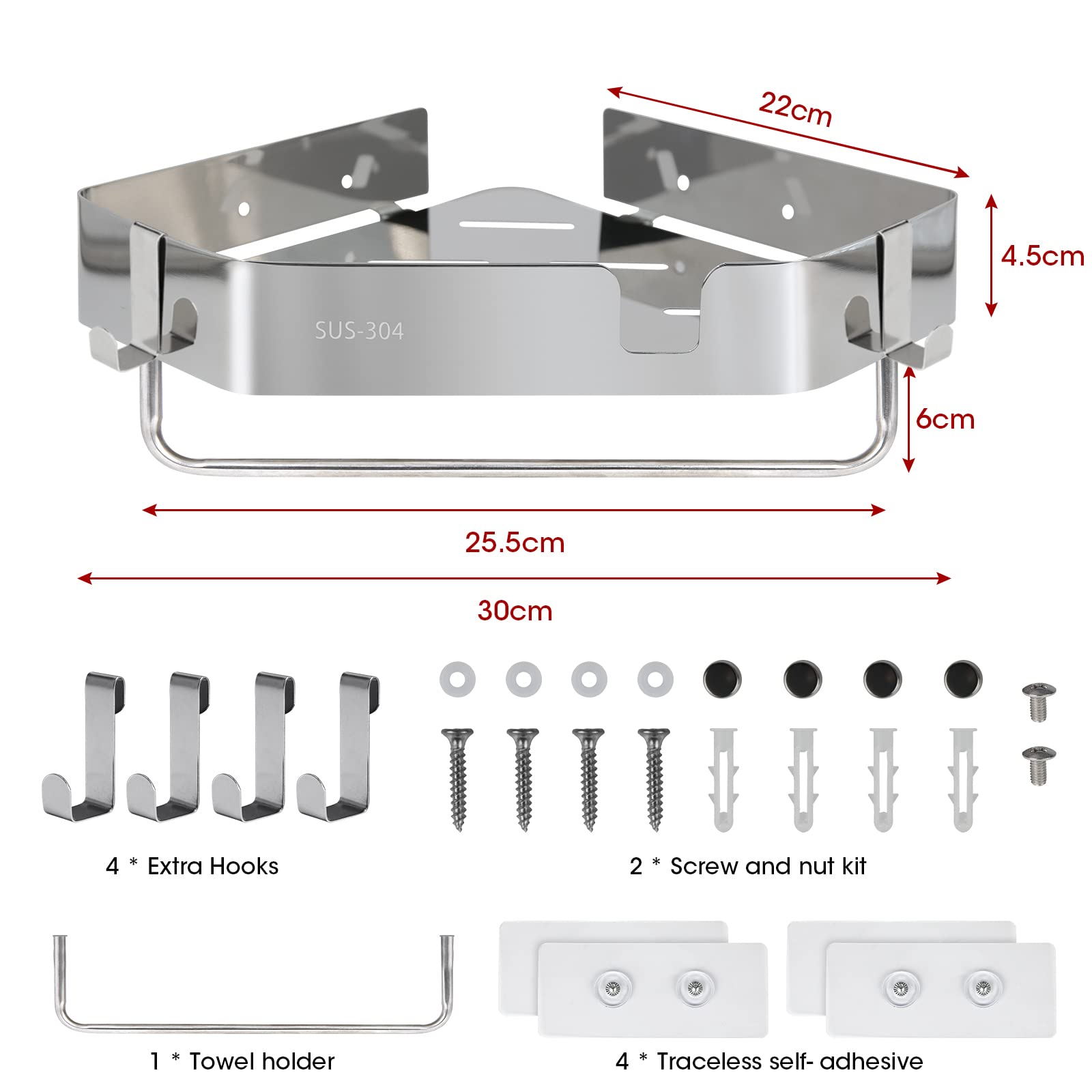 Mensola Doccia Angolare Senza Foratura - Acciaio Inox Con 2 Ripiani E Ganci, Argento - Foto 3
