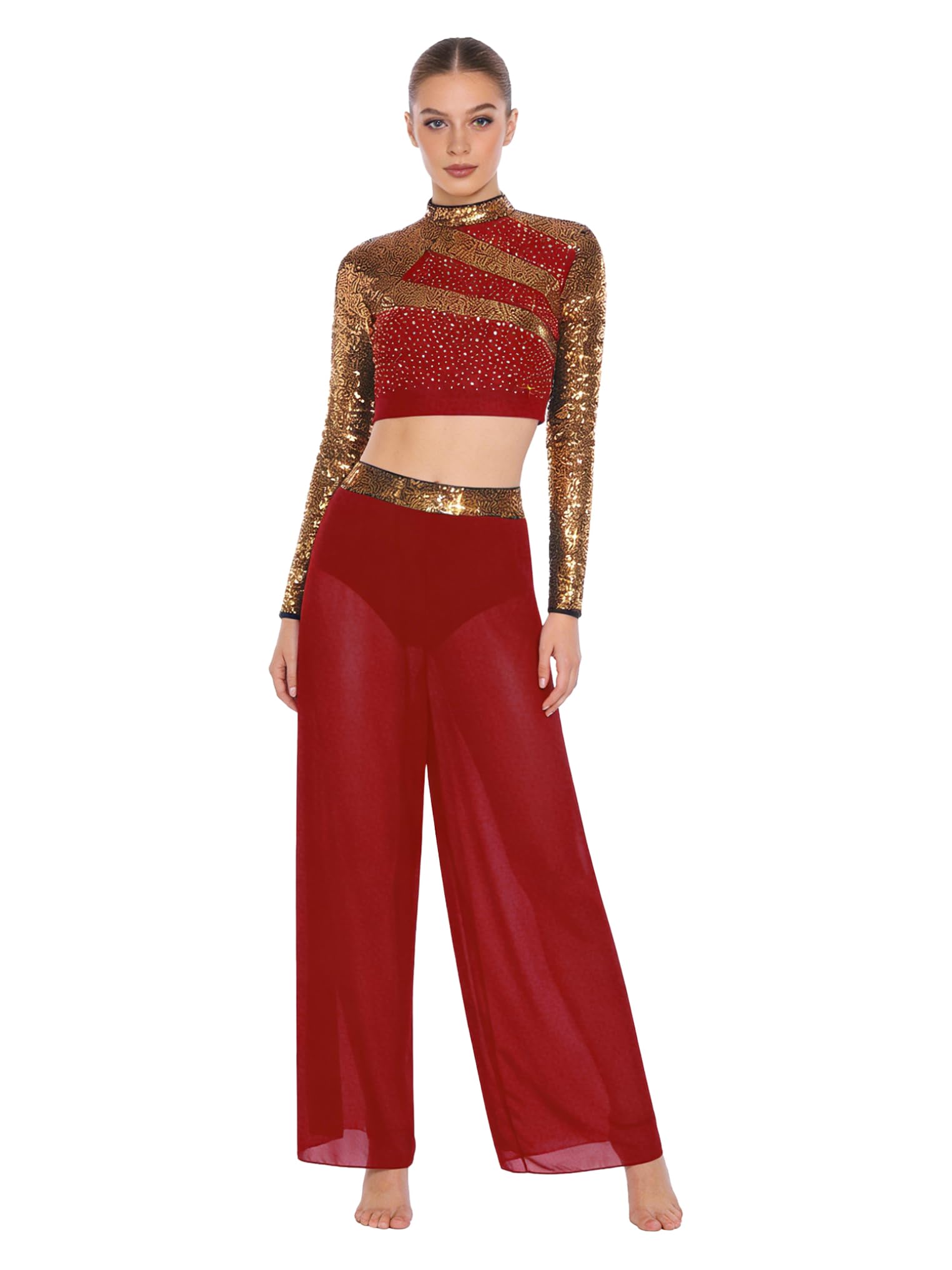 Conjunto de Traje de Baile Jazz para Mujer con Lentejuelas Crop Top de Manga Larga y Pantalones Traje de Gimnasia Rítmica Conjunto de Baile Lírico S-XXL borgoña XXL