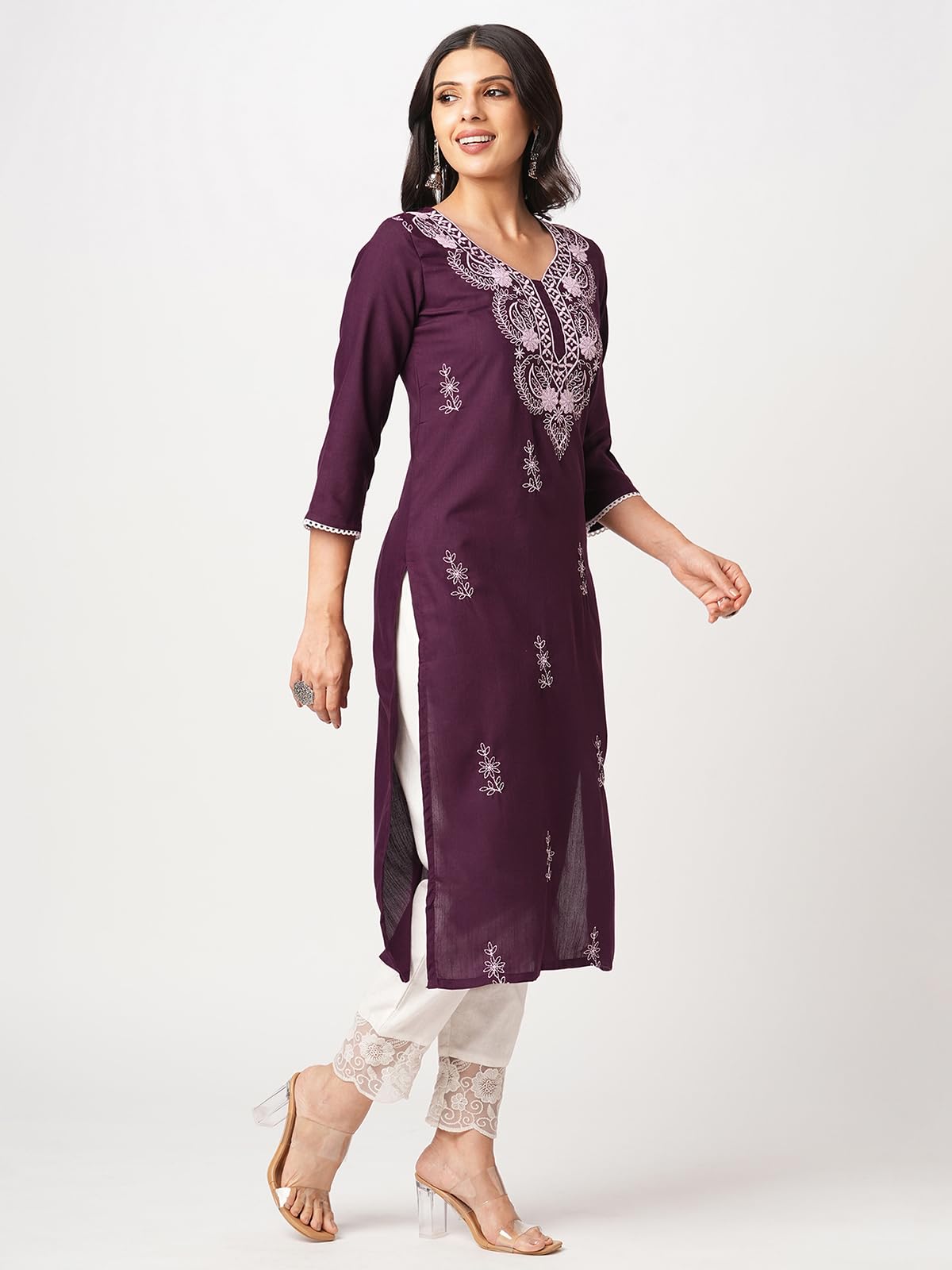 Sanisa Women's Cotton Blend Chikankari Embroidery Straight Kurti (476K10046N-Xl_Wine)