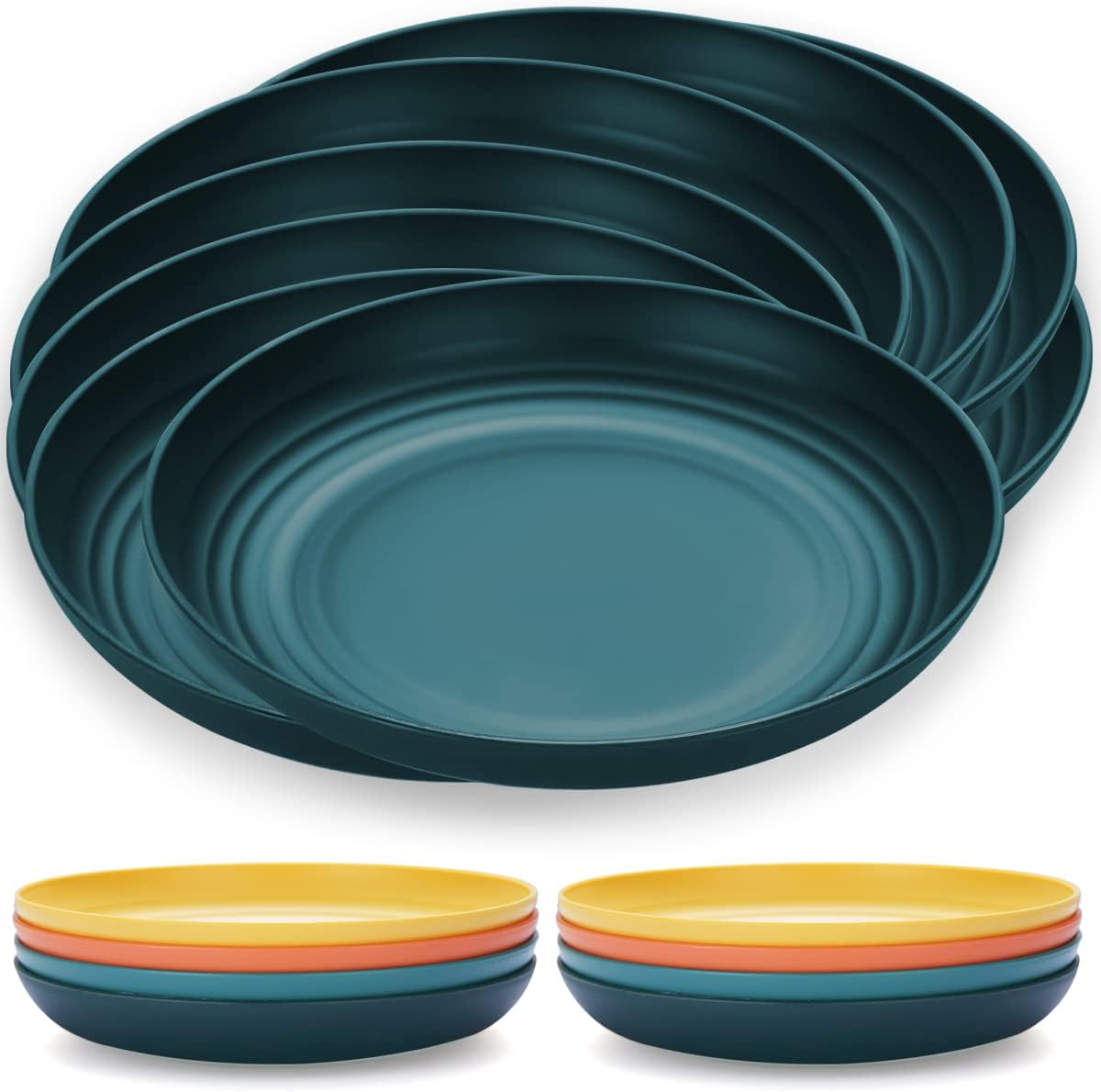 Kyraton 23 cm Large Deep Plastic Plates 8 Pieces, Unbreakable and Reusable Light Weight Dinner Plates Pasta and Dumpling Bowl Microwave Safe BPA Free Dishwasher Safe (Dark Green)