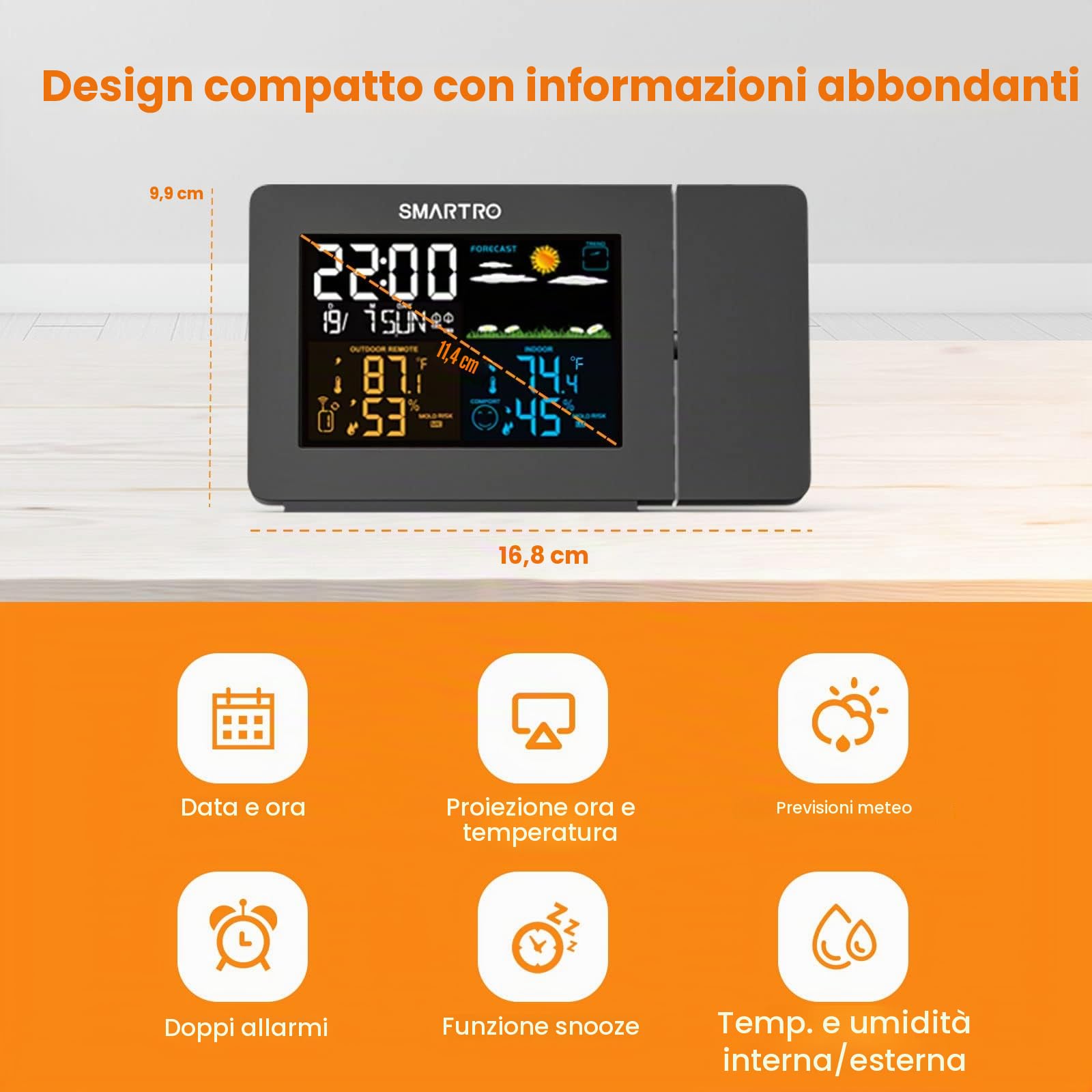 SMARTRO SC91 Sveglia a Proiezione per Camere da Letto con Stazione Meteo, Termometro Wireless da Interno ed Esterno, Controllo della Temperatura dell’Umidità e Igrometro a Manometro