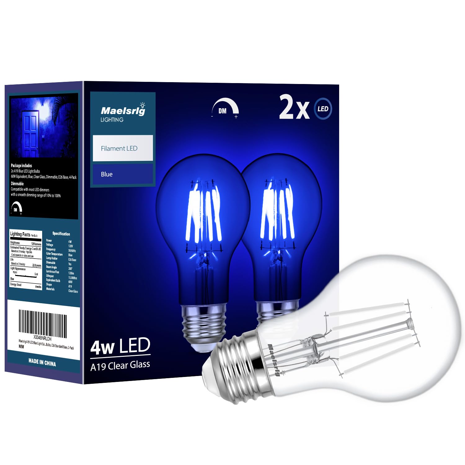 Maelsrlg Blue Light Bulb, 4 Watts, A19 Colored LED Filament Bulbs, Clear Glass, 120 Volts, Dimmable, E26 Base, 2-Pack