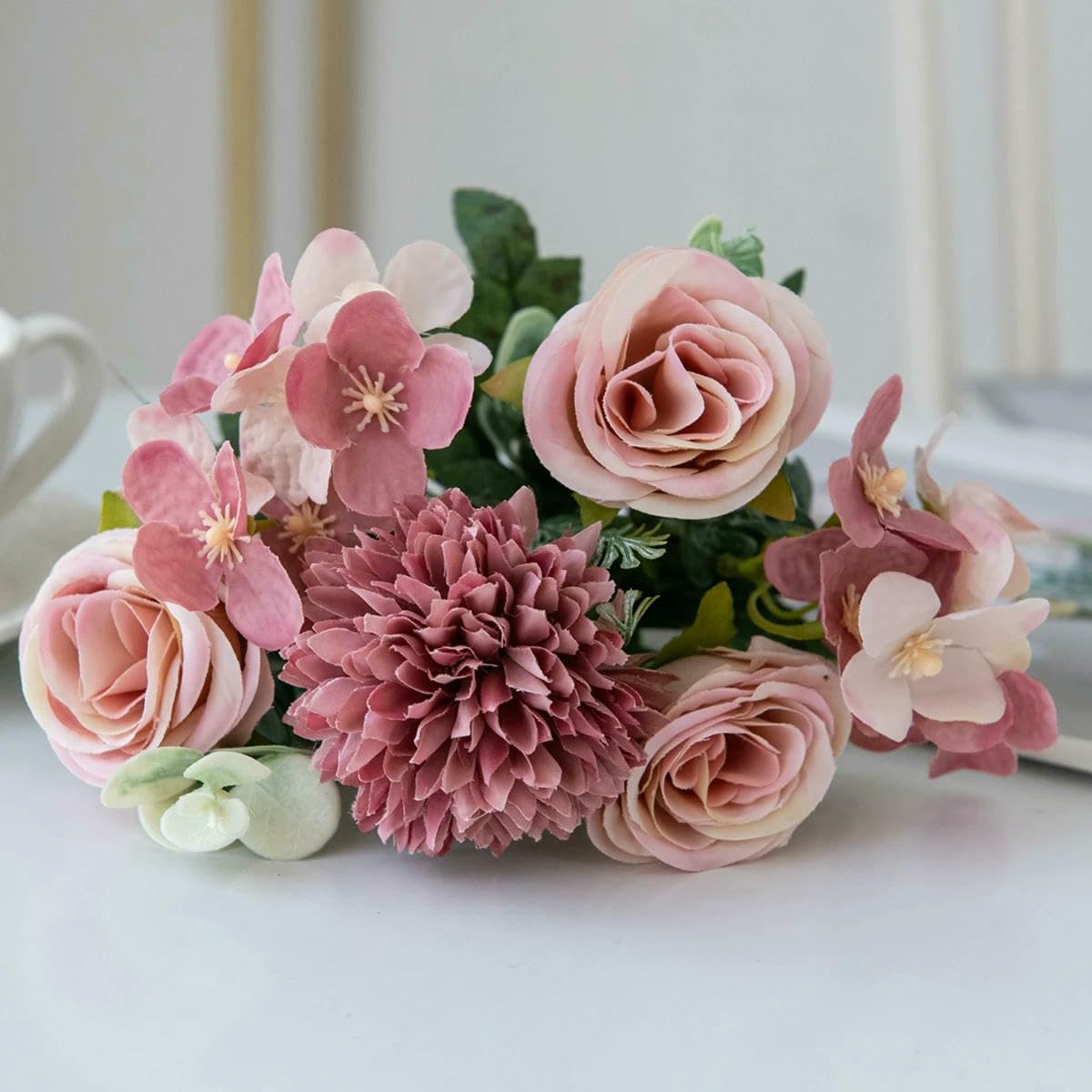 AYHTUD Artificial Flowers Retro Silk Rose Bouquet Hydrangea Peony Vintage Bride Holding Fake Plants Home Wedding Decoration Accessories-Rose Red