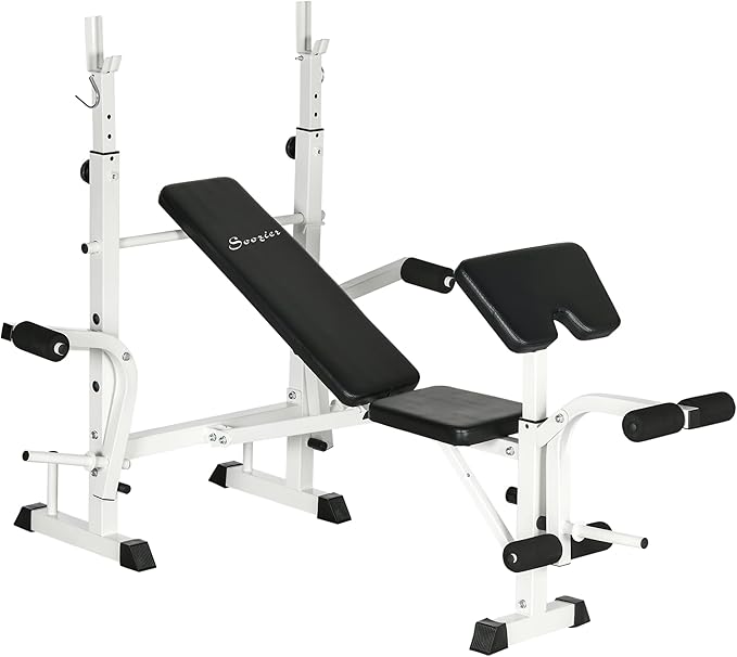 Soozier Adjustable Weight Bench with Squat Rack, Preacher Curl Pad, Leg