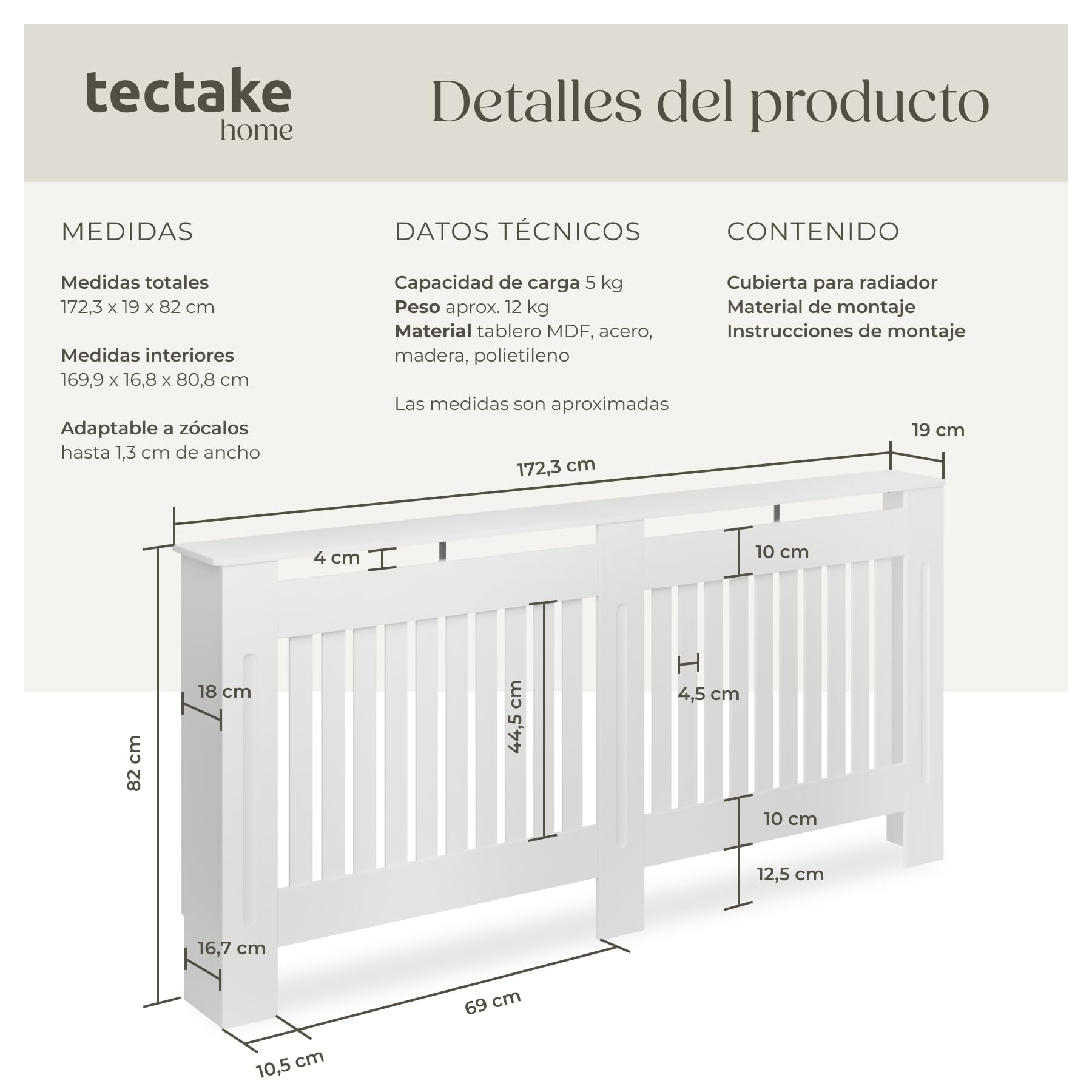 tectake® Cubre Radiador con Diseño de Lamas, Cubierta para Calefacción, Revestimiento para Radiadores, con Repisa Decorativa, Protección contra Calor, Fácil Limpieza, Escandinavo - 172,3 x 19 x 82 cm