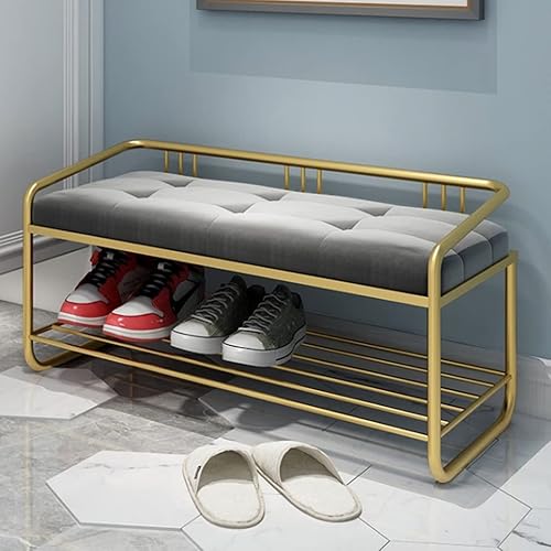 Miniatura 8 de Banco de zapatos de 2 niveles con marco de metal, banco de almacenamiento de zapatos para entrada, pasillo, sala de estar (color azul, tamaño 31.5 x