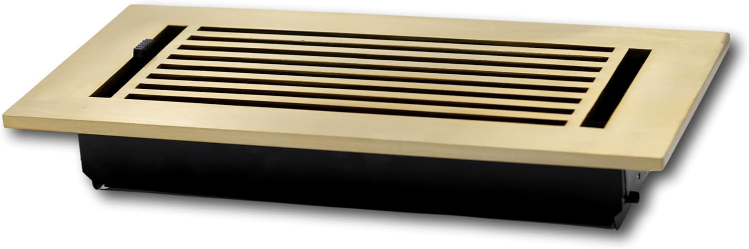 Madelyn Carter 4 x 10 Cast Aluminum Linear Bar Vent Cover with Damper - Brushed Brass (Overall: 5.75 x 11.75) | Floor Register - Wall Register