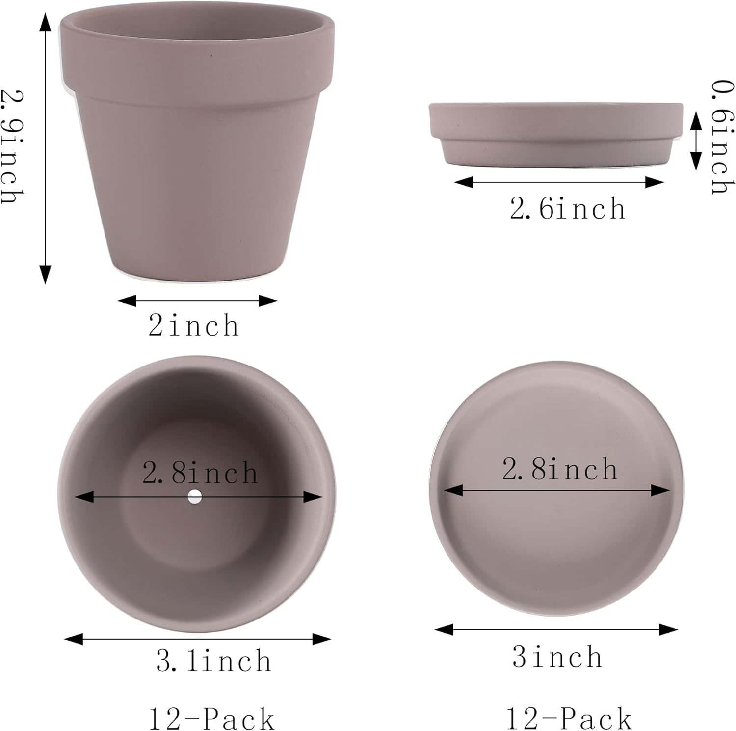 Fcacti 3 Inches Small Grey Terracotta Pots with Saucer, 12 Pack 3" Terra Cotta Planter with Drainage Holes, Small Clay Flower Pots for Plants, Succulents, Crafts, Wedding Favor