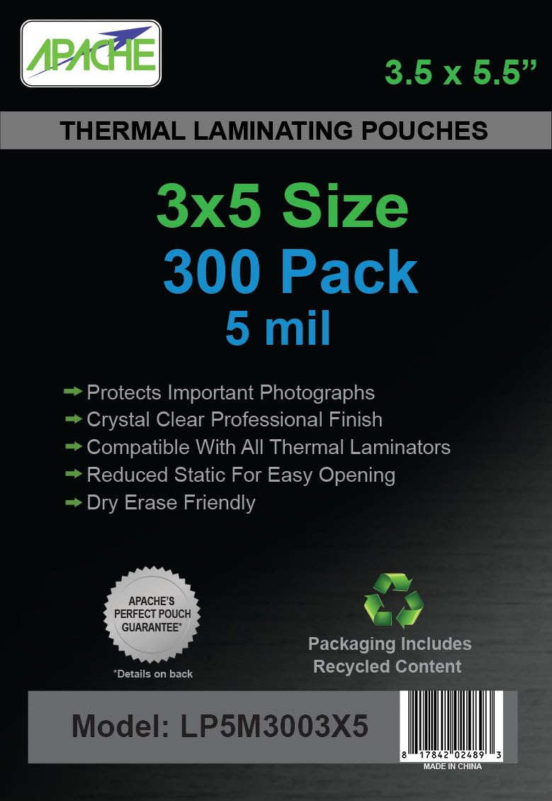 Apache 3x5" Size Laminating Pouches, 5 Mil, 300 Pack, 3.5 x 5.5"