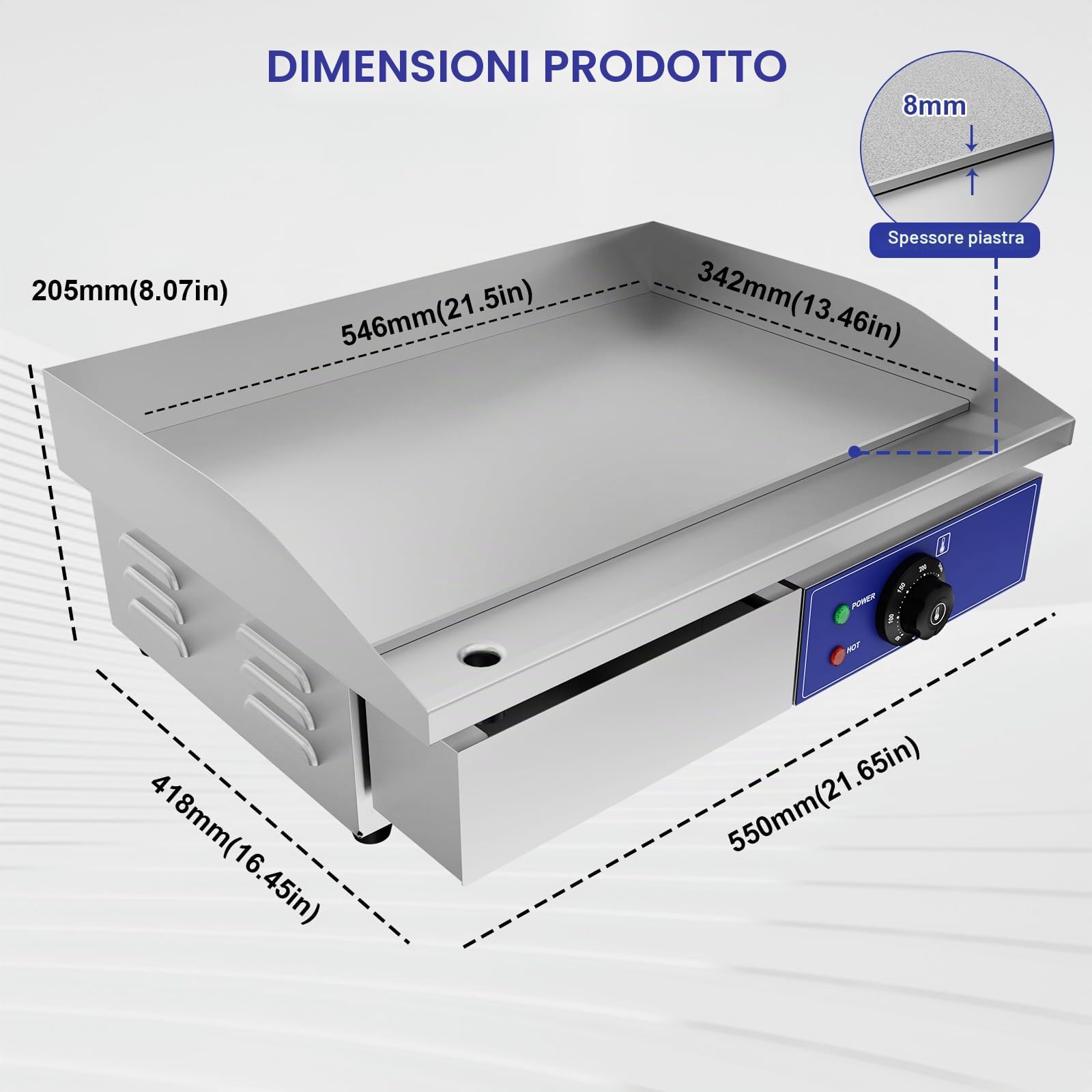 Taimiko Piastra elettrica professionale in acciaio inox 3000 W, 220-240 V, piastra grill in ghisa liscia, L540 x l355 mm, termostato da 50 a 300 °C, anti spruzzi, 18,5 kg