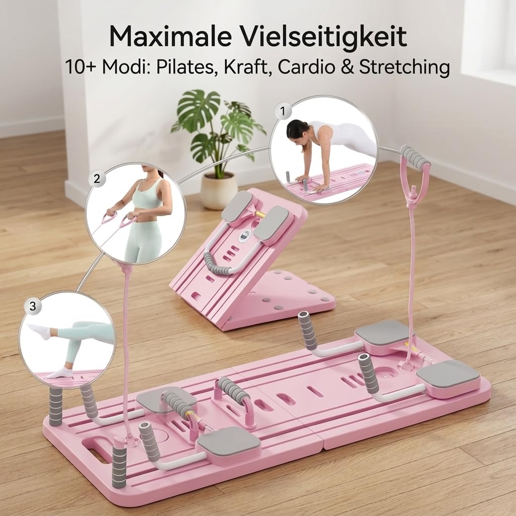 Pilates Board Set für zuhause - Faltbarer Reformer Pilates Maschine, Mini Pilates Reformer Board, Reformer für Pilates Premium - inkl. Timer, Widerstandsbänder, Griffe(New Version)