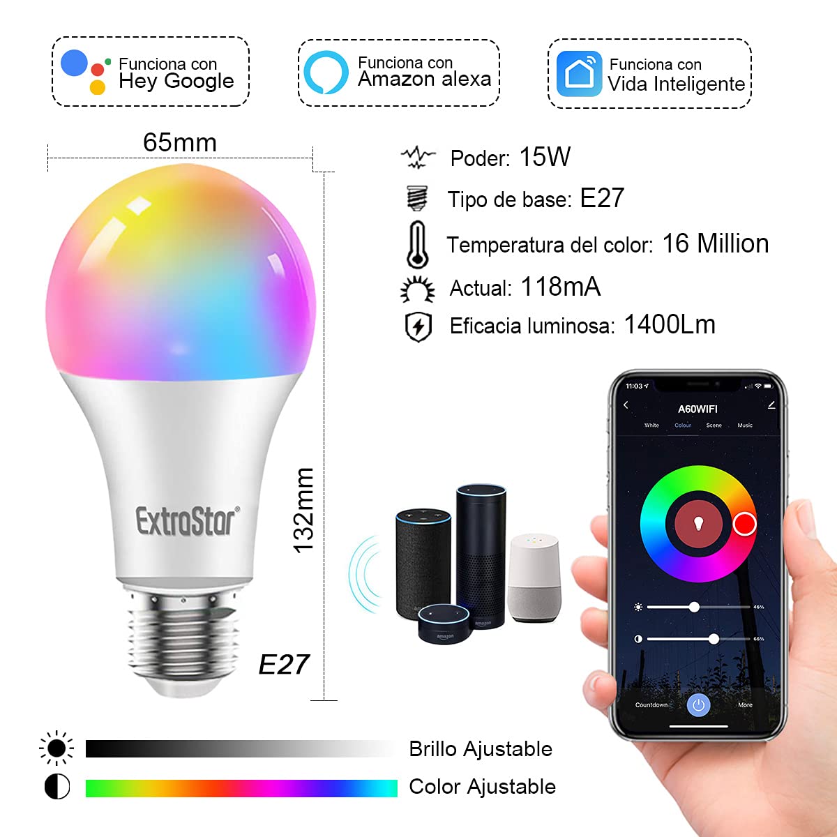 EXTRASTAR Bombilla Alexa LED Intelligente E27, 15W, 1400lm, Regulable Multicolor + Luz Cálida o Blanca, 16 Millones de Colores, Funciona con Alexa y Google Home, Pack de 2 Unidades