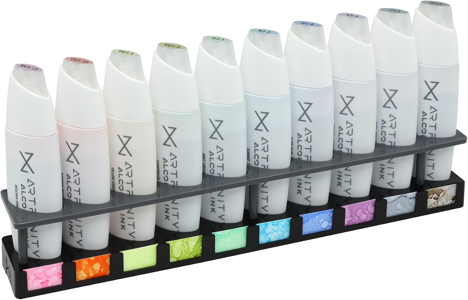Artfinity Alcohol Ink Dayglow Set of 10 Colors (25 ml) with Free Acrylic Stand - for Painting or Alcohol Marker Refill Ink, Acid-Free, Fast-Drying, Permanent, Transparent, Swatch Template