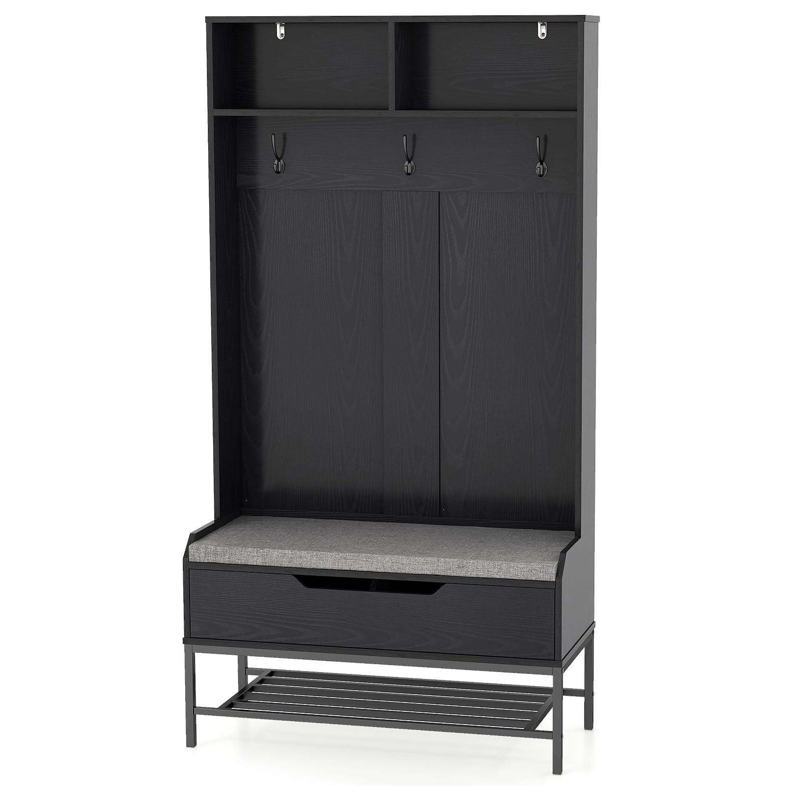 COSTWAY 4 in 1 Appendiabiti da Ingresso, Armadio con Appendiabiti Multifunzionale, con Panca Cuscino e Ganci, Panchina per Ingresso, 90 x 38,5 x 170 cm (Marrone