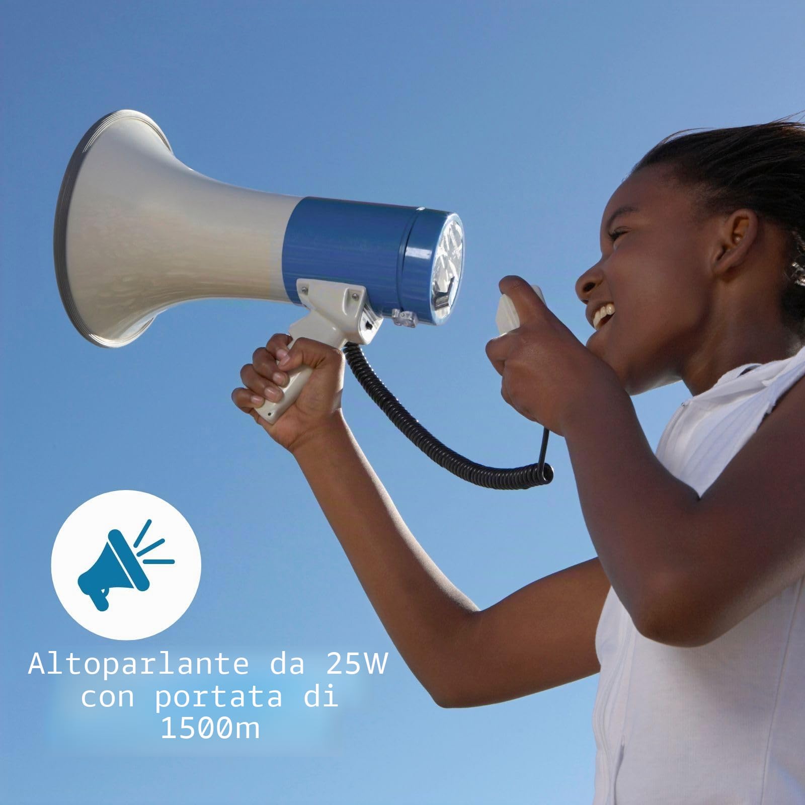 Nedis - Megafono - Microfono Staccabile - Sirena Integrata - 25 W - Tracolla - Volume Regolabile - Megafono Portatile - Portata Massima: 1500 m - Volume Massimo: 135 dB - Bianco/Blu