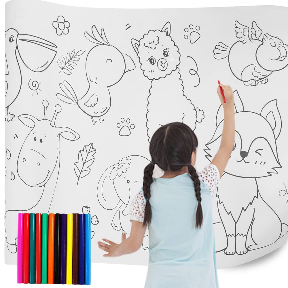 Daboza Pasteable Cartoon Pattern Coloring Paper Roll, Drawing Roll Coloring Poster, Multipurpose Drawing Paper Roll, Pasteable Wallpaper Coloring Paper with 12 Colored Pencils