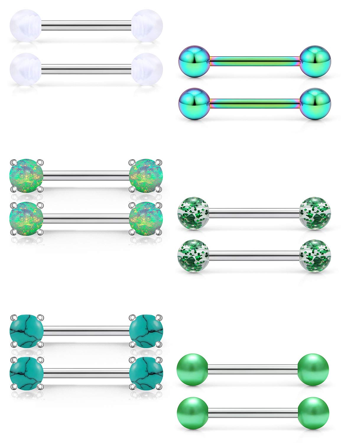 Yaalozei 16G 14G Nipple Tongue Ring Stainless Steel Green Turquoise Nipplerings Nipple Barbell Bar Piercing Jewelry for Women Men 6 Pairs
