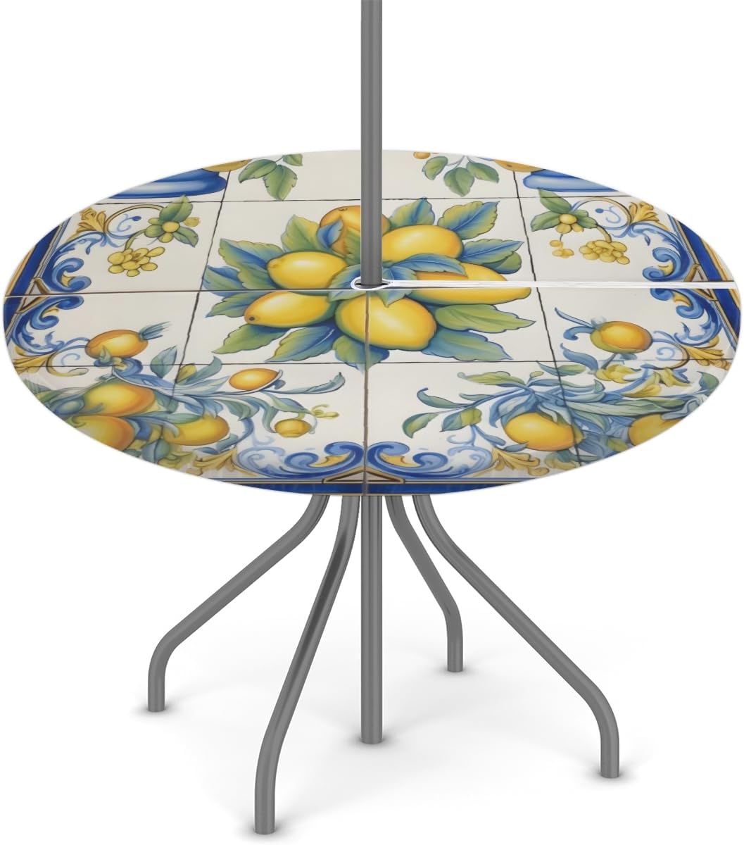 Lemon Fruit Round Outdoor Tablecloth with Umbrella Hole Zipper Elastic Fitted Table Cloth Washable Waterproof Table Cover for Patio Picnic Party 36"-44"